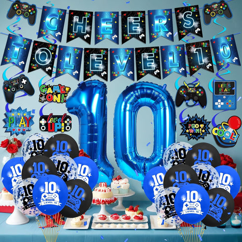 Video Game 10th Birthday Party Decorations, Blue and Black Level Up 10 Balloons Kit for Boys Girls 10 Years Old