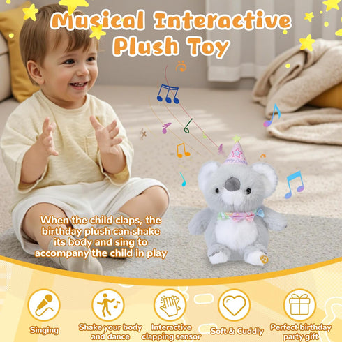 Happy Birthday Interactive Koala, Musical Birthday Stuffed Animal Recording Mimicking Toy, Clapping Activates Singing