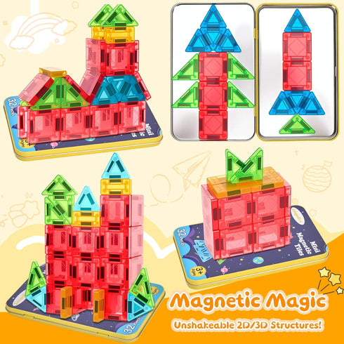 LeagoEra Set 32 3-12 Magnetic Tiles Magnetic Blocks Building Toy: Portable Mini Magnetic Tiles Travel Pieces Montessori