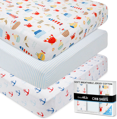 GROW WILD Nautical & Ships Baby Crib Sheets for Boys (3 Pack)