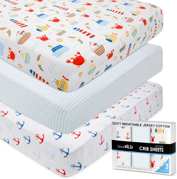 GROW WILD Nautical & Ships Baby Crib Sheets for Boys (3 Pack)