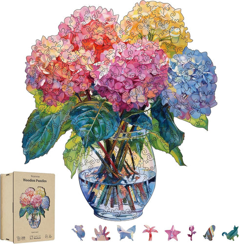 200 Pieces Flowers Wooden Puzzles for Adults, Hydrangea Unique Shaped Wooden Jigsaw