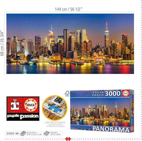 Educa Panorama Puzzles - New York City Skyline 3000 Piece Jigsaw Puzzle with Glue Included