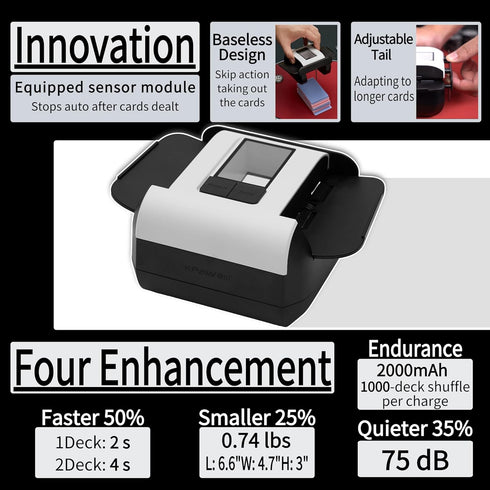 2 2000mAh 2 10, Automatic Card Shuffler Machine Deck, Rechargeable Electric Card Shuffler Deck for UNO, Poker, Phase