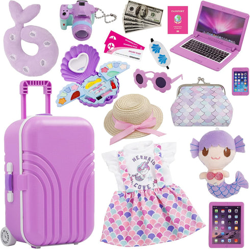 Srua Don 18 Inch Doll Suitcase Travel Luggage Play Set, Mermaid Theme Travel Carrier