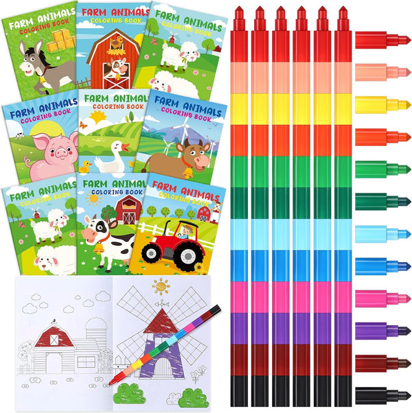 Funrous 24 Pcs Farm Animal Coloring Books with 24 Stacking Crayons Party