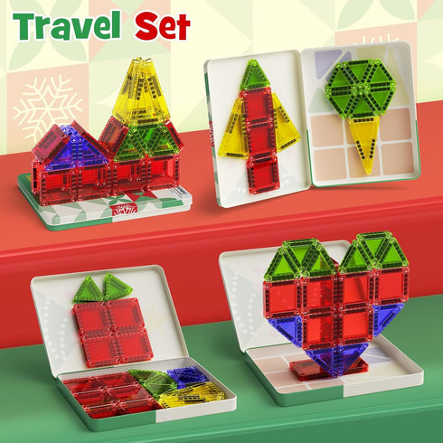 26 3-5+, Travel Magnetic Tiles for Kids, PCs Mini Magnetic Building Blocks with Festive Iron Storage Box, STEM Travel