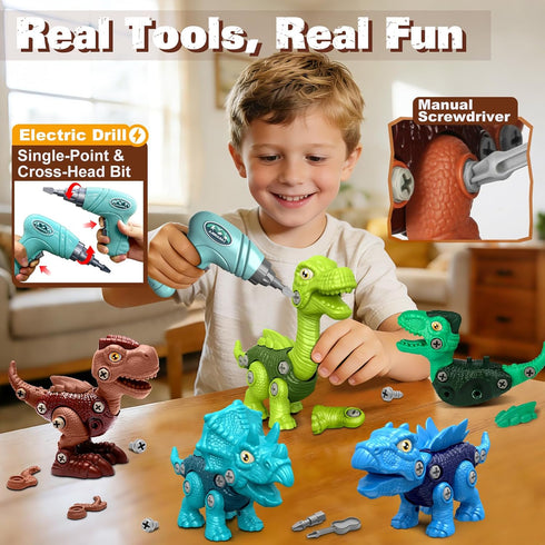 5 Pack 3-5 5-7 Laradola Stem Educational Dinosaur Toys with Wheels for Kids Electric Drill Build Take Apart Creative