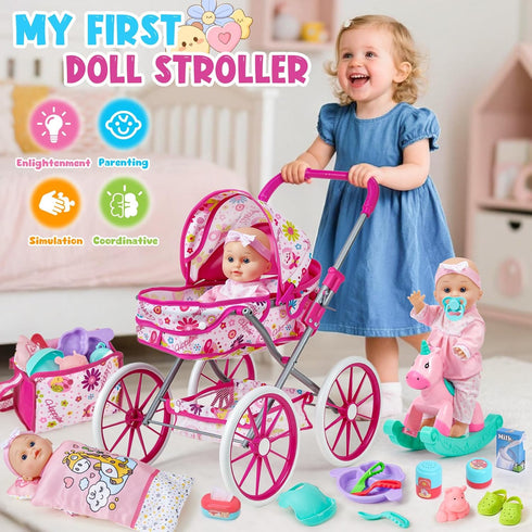 12 Set 3 4 5 6 26pcs Horse/2 3-5-7 Golray in Baby Doll Toys with Stroller for Year Old Girl - Babydoll with Accessories