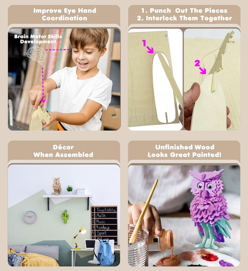 Puzzled 3D Puzzle Owl Wood Craft Model Kit, Fun & Unique Educational DIY Wooden Toy, 146 Pieces Pack to Build & Paint