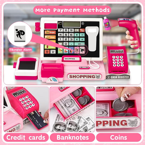 Playset Playset VOPOGLNE Cash Register Toy for Kids, Real Calculator Register, Pretend Play Store with Music, Scanner