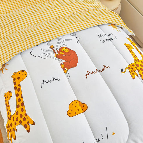 4 Set Flysheep Piece White Toddler Bedding for Baby Girls and Boys, Cute Animals Printed - includes Quilted Comforter