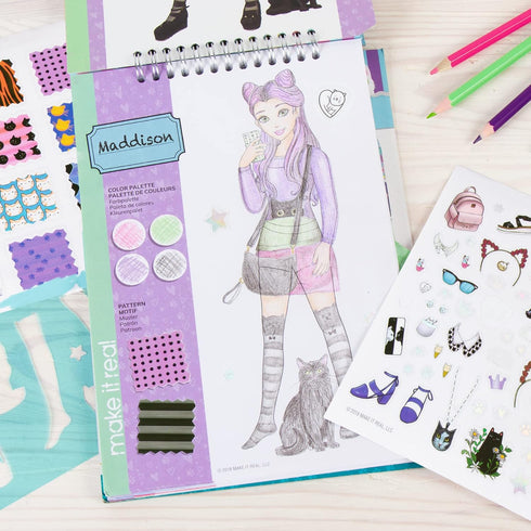 Make It Real Fashion Design Sketchbook for Girls, Kitty Cat-Themed Design Kit with Stencils, Stickers
