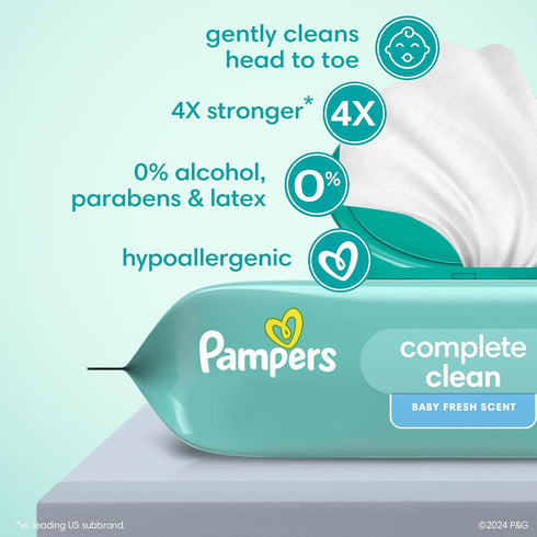 864 (12 Packs) Pampers Baby Wipes, Complete Clean Baby Fresh Scented Wipe, Gently Cleans Head to Toe, Total Flip-Top