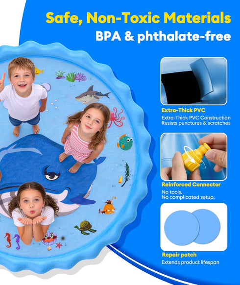 90" Summer Splash Pad for Kids, Outdoor Sprinkler Play Mat, Inflatable Wading Pool with Thicker Material, Backyard