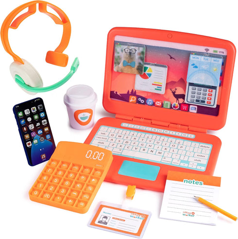 Born Toys Pretend Play Home Office Set - Includes Toy Laptop, Phone, Calculator, Headset & Pop It for Ages 3-7