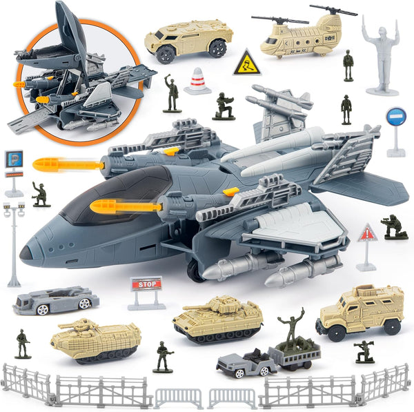 XDUOYJOY Military Fighter Jet Toys, Army Airplane Toys with 7 Vehicles Trucks