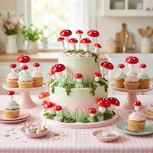 30 Pack jarbins Mushroom Cake Decorations Red Mini Mushroom Toothpicks Foam Cupcake Toppers Mushroom Cake Picks