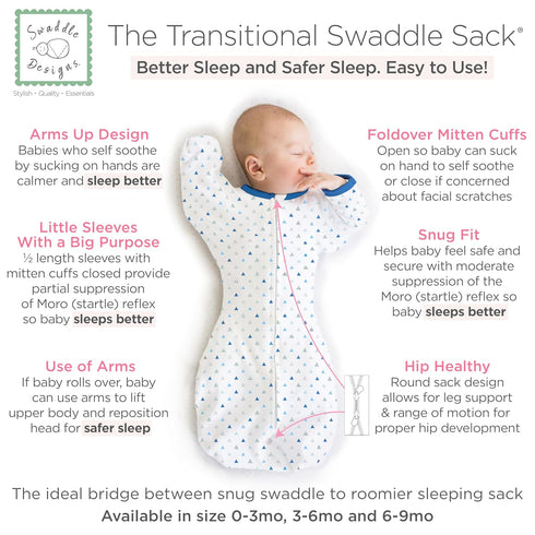 SwaddleDesigns Transitional Swaddle Sack, Blue Tiny Triangles, Med, 3-6 Month, 14-21 lb, Arms Up Half-Length Sleeves