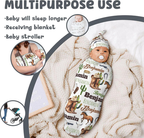 Kegono Set Personalized Cowboy Swaddle Blanket Boy Girl Newborn Essentials,Custom Baby Cowboy Swaddle Blanket and Hat