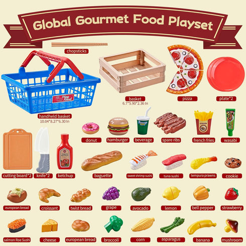 Sets 2 Play Food for Kids Kitchen, Global Cuisine Toddler Cutting Fake Food Toys Including Pizza, Sushi & Bakery