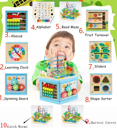 Wooden Activity Cube for 1 Year Old Kids, Educational Bead Maze for Toddler Age 1-3, Montessori Gift