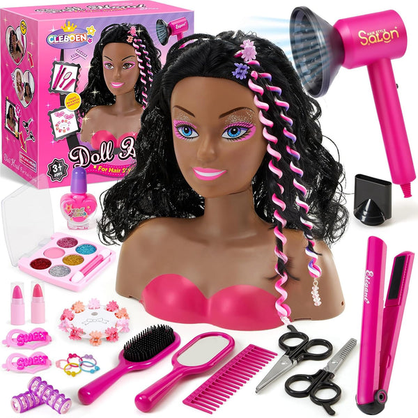 Cleboen Hair Styling Doll Head Makeup Kit for Girls Toys, 35PCS Kids Hair
