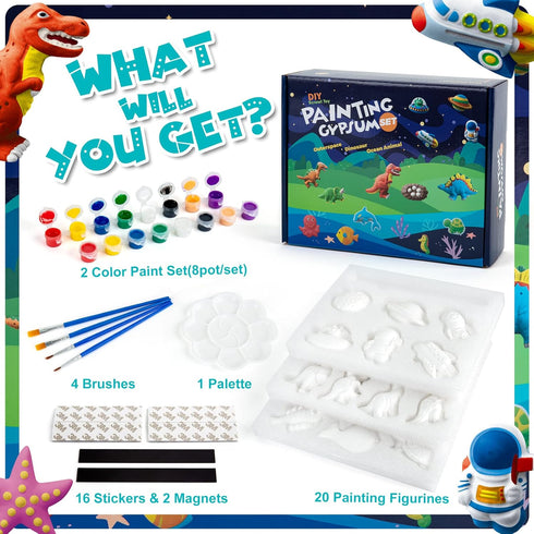 Set Juboury Kids Arts and Crafts Plaster Painting Craft Kit Art - Painting Your Own Space Dinosaurs & Marine Life