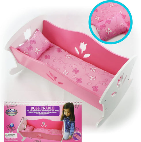 18 Inch (18" Matty's Toy Stop Doll Furniture Wooden Doll Rocking Cradle (Crib) with Pink Pillow & Cushion - Pink/White
