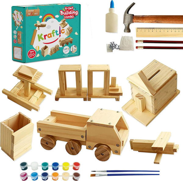 Kraftic Woodworking Building Kit - 6 Educational Arts and Crafts DIY Carpentry Construction Projects for Kids