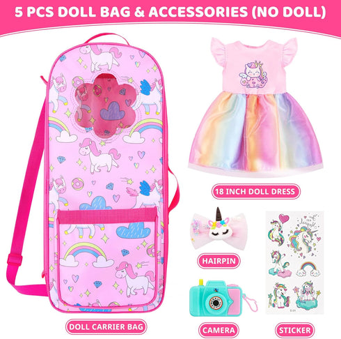 18INDC 18 Inch 5PCS 18In Set 18 Inch 18" Doll Storage Bag - Unicorn Theme Doll Accessories with Rainbow Dress, Hair