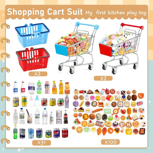 kapeiluo 135Pcs Mini Shopping Cart Basket Miniature Food Drink Toy Supermarket Metal Handcart Dollar Bills Toys