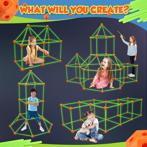 Fort Building Kit for Kids - 100 Pcs Glow in The Dark Creative STEM Toys for Indoor Outdoor Fun, Ages 5-10