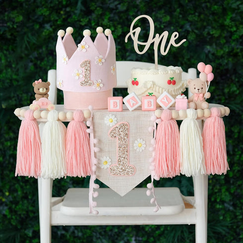 Daisy 1st Highchair Wood Bead Tassel Garland Crown Hat Wooden Cake Topper