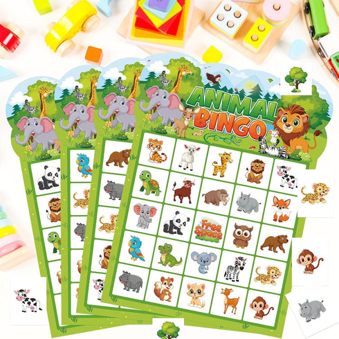 Leezead 24 Animal Bingo Game for Toddler Adults, Players Jungle Safari Animal Bingo Game Cards Birthday Party Bingo