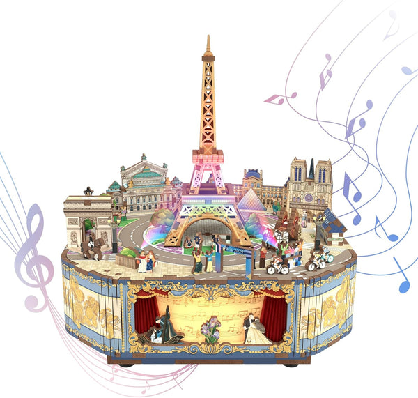 Tonecheer Wooden Music Box Puzzle for Adults, DIY Rotating Music Box Kit, Romantic Paris