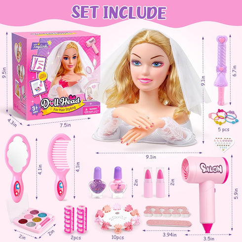 Set, 3 4 5 6 7 8+ Toylink Doll Head for Hair Styling Kids Makeup Blonde Bride Beauty Stylist Pretend Play Toy