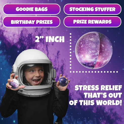 Pack 50 Galaxy Stress Balls for Kids - of Bulk - Squeeze Anxiety Fidget Sensory Balls for Children with Outer Space
