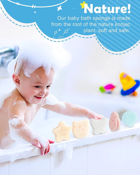 Konjac Baby Sponge for Bathing, 5Pcs Natural Cute Shapes, Kids Bath sponges for Infants, Toddler Bath time, Plant-Based, Extra Soft