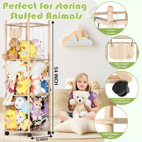 54 inch Stuffed Animal Storage & Organizer, Tall Wooden Cute Zoo Toy Holder with Building Block Storage Bag, Space Save