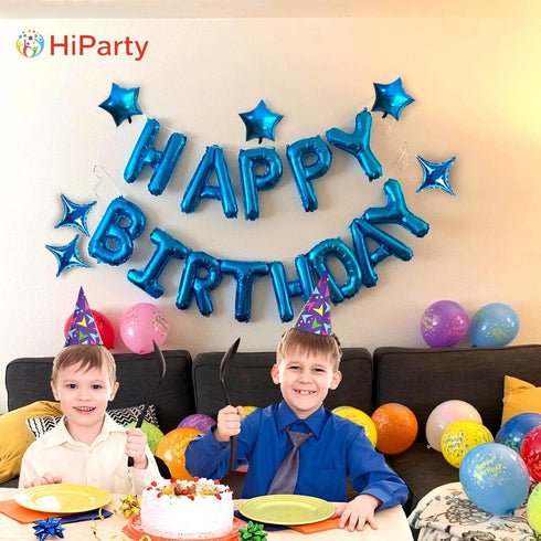 Blue Happy Birthday Balloons Banner, Mylar 3D Foil Letter Banners & 6 Star Balloons, 3-in-1 Party Decorations for Kids