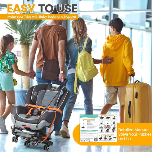 4 Orzbow Car Seat Dolly for Airport, Folding Car Seat Travel Cart with Wheels and Adjustable Handle, Carseat Roller