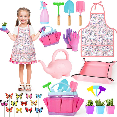 Set, deAO Kids Gardening Garden Tool for Toddlers, Gardening Kit Include Safe Shovel Rake Fork Gloves Apron Watering