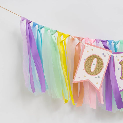 1st Pastel Rainbow High Chair Banner - Sweet One Highchair Banner Birthday, Pastel Rainbow Ribbon Garland, First