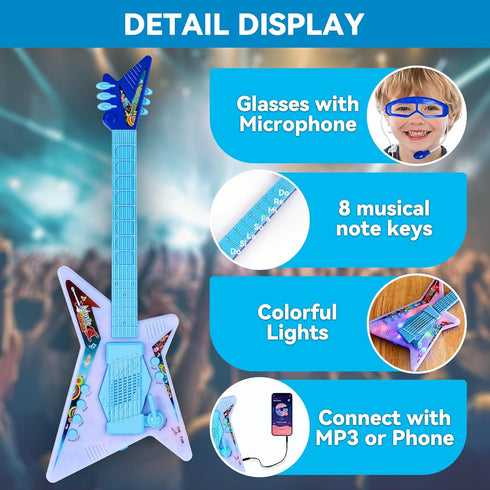 KAYOMIPE Set Guitar and Microphone Play with Glasses,Music Toys with Music&Light,Kids Karaoke Machine,Music Instruments