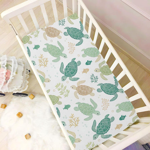 Takiito 27x39 Crib Sheet for Boys Girls, Sea Turtles Fitted Crib Sheet Super Soft Breathable for Playard Mattress