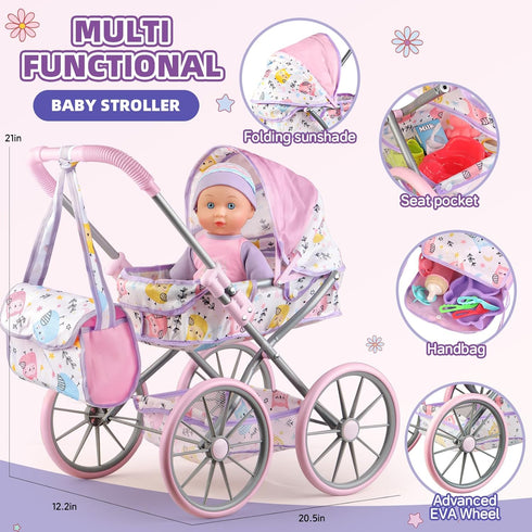 Playset 3-5 4-6 5-7 12.5" 24 2 Sets Baby Doll Stroller for Girls Toddlers Year Old to Play House Games. Stroller Toy
