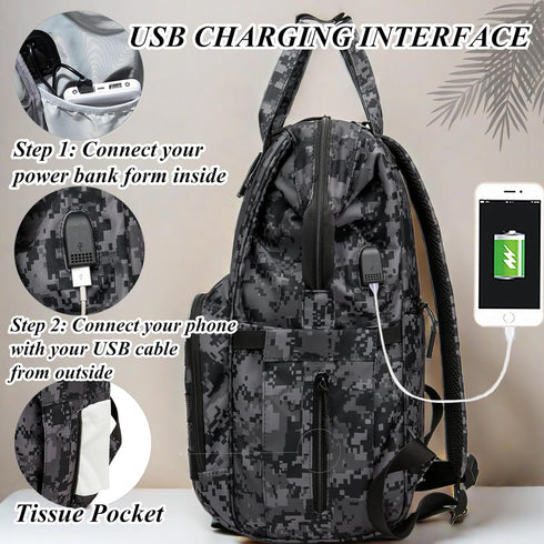 Backpack Backpack MOMMY Camo Diaper Bag for Dad and Mom with USB Charging Port Stroller Straps and Insulated