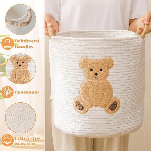 Large Blanket Baskets for Living Room, Teddy Bear Baskets Toy Storage Basket Woven Cotton Rope Basket for Kids, Toys