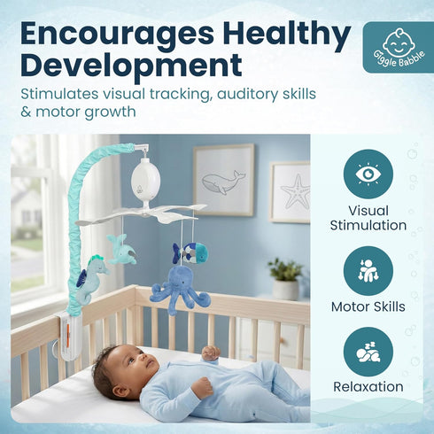 Giggle Babble Ocean Baby Mobile with Music Calming Nautical Crib Mobile with Sea Animals, Soothing Lullabies